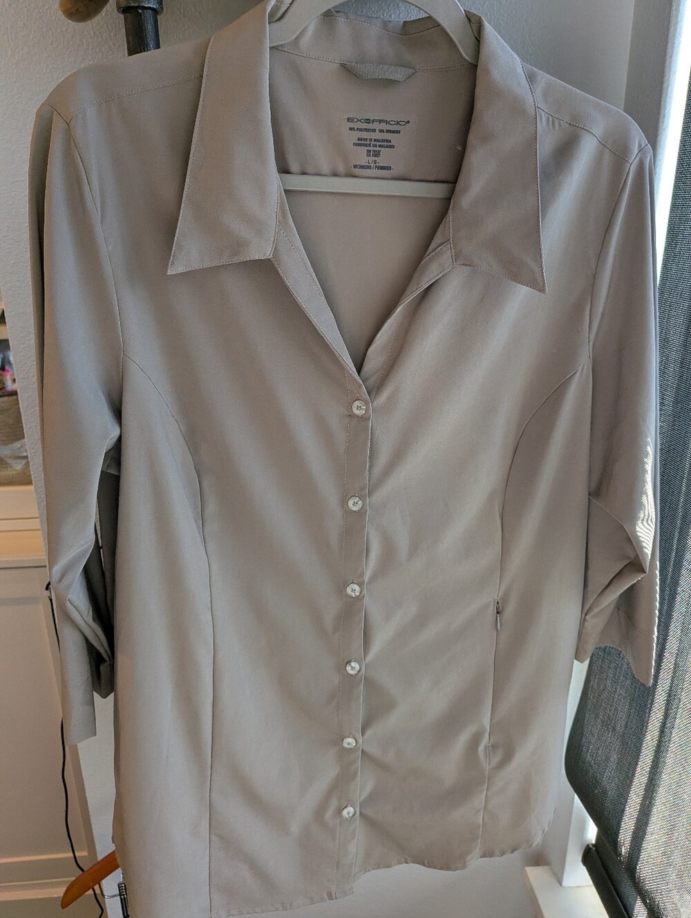 ExOfficio Taupe Stretch Travel Button Down Top (L)